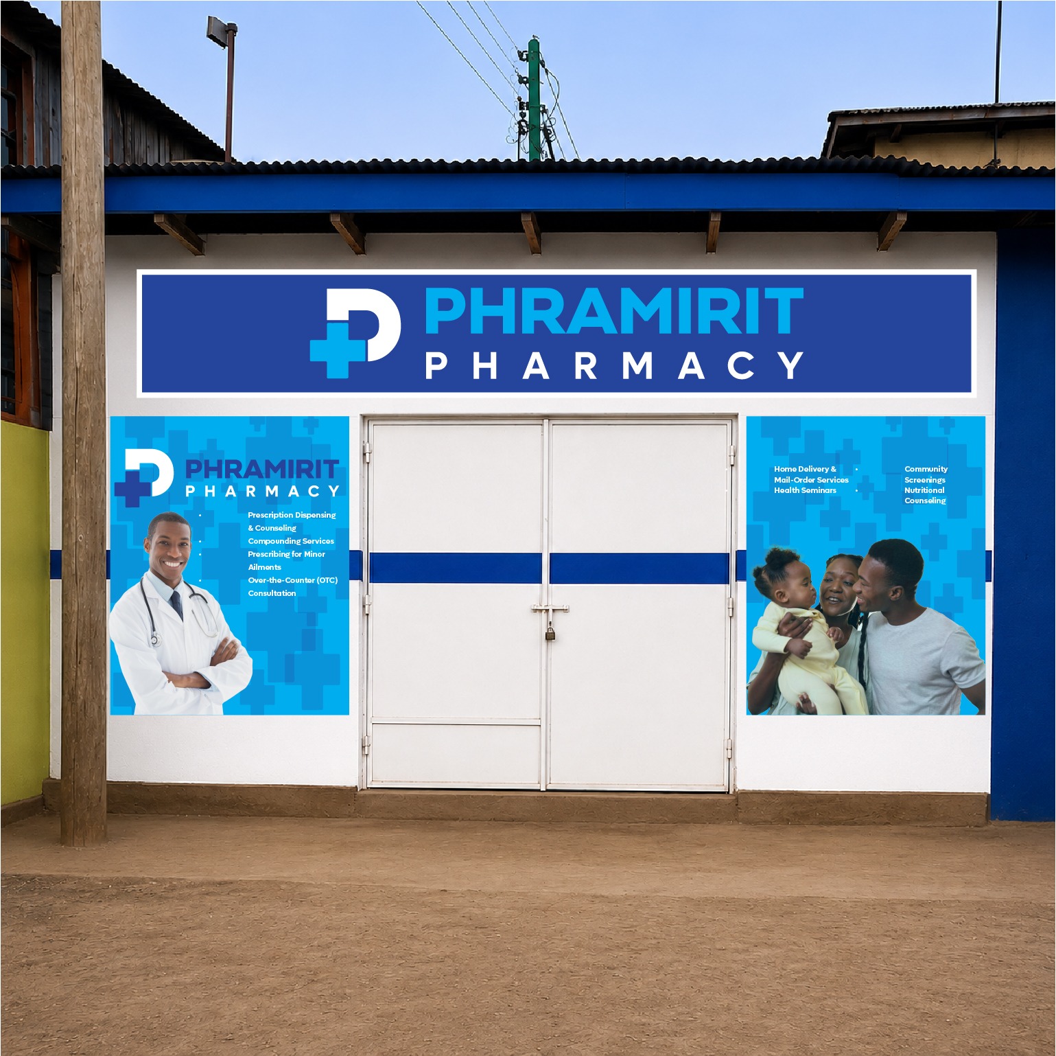 Shopfront fascia & window graphics for Phramirit Pharmacy — 3D & Shopfront Signs by Brand It KE in Kenya